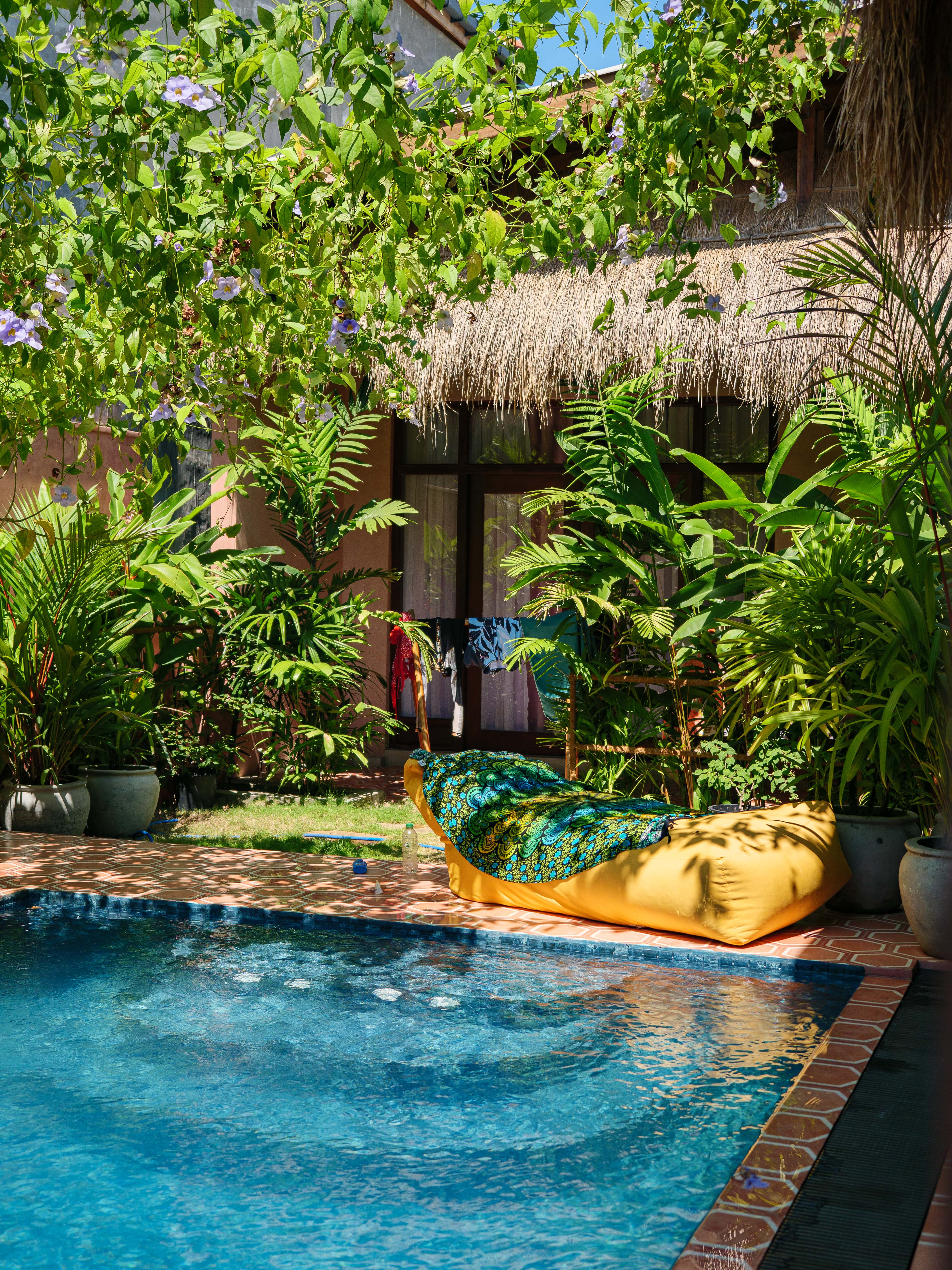 Relaxing pool area with a yellow bean bag lounger and tropical greenery outside the rooms at Pine and Palm in Arugam Bay`